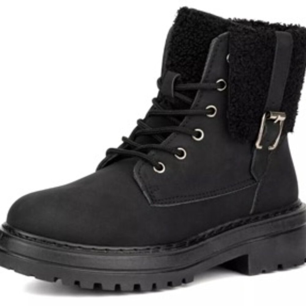 Olivia Miller Black Lace-Up Combat Boots with Shearling Collar